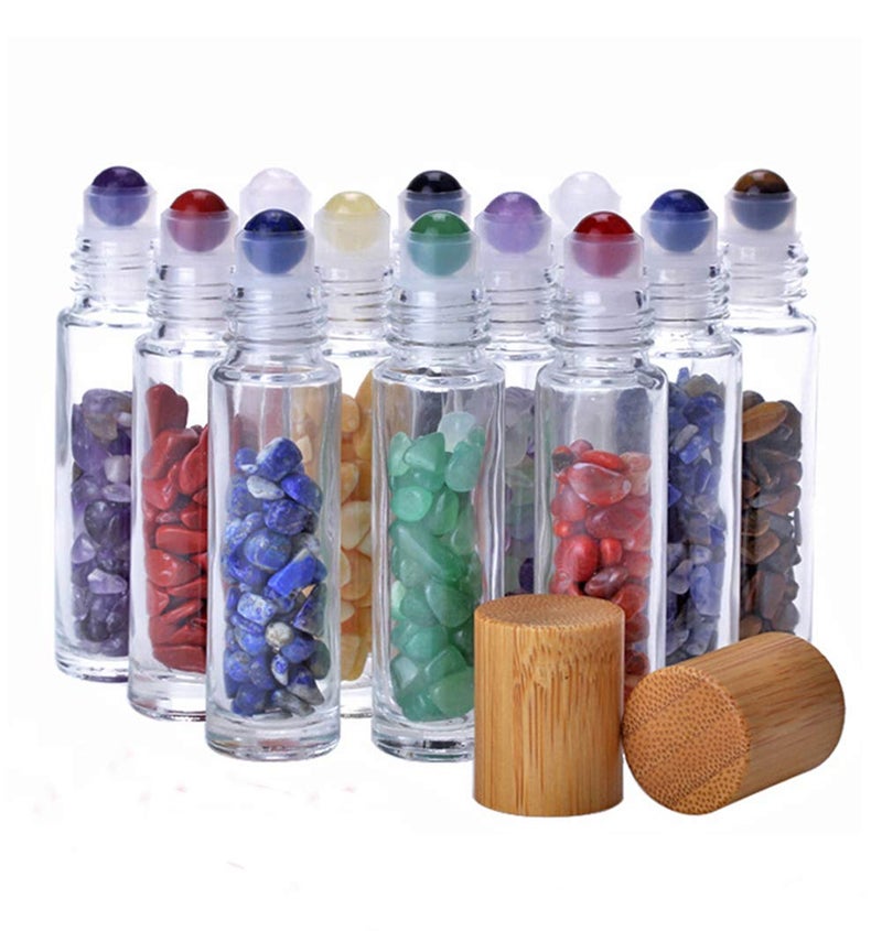 USRommaner 5 Pack 10ml Clear Roll On Bottles With Natural Chakra Crystal Chips for Essential Oils,Perfume Glass Roller Bottles Container Bamboo Lid,Crystal Roller,Pipette&Opener Included (Black Obsidian) - Image 4